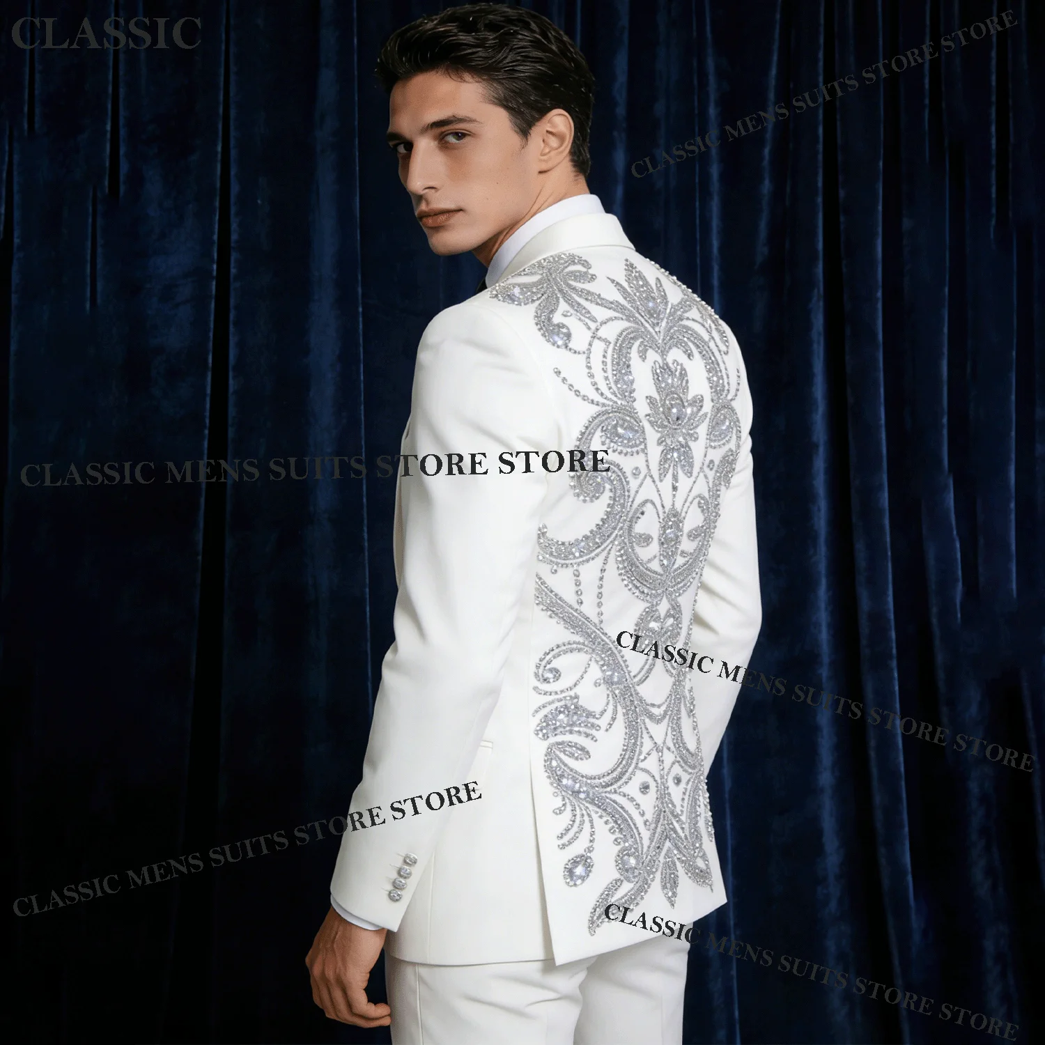 Glitter Wedding Tuxedos Men Suits Diamond Decoration Peaked Lapel Customized Groom 2 Pieces Set Handsome Male Prom Blazers suits