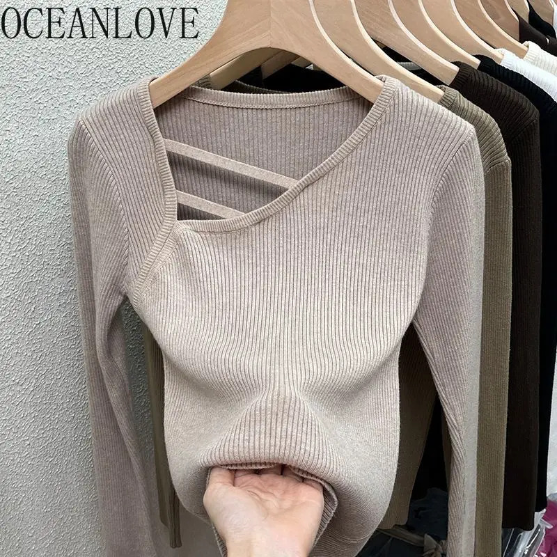 

OCEANLOVE Irregular Woman Sweaters Solid Autumn Winter Basics Vintage Short Pullovers Korean Fashion Casual Pull Femme
