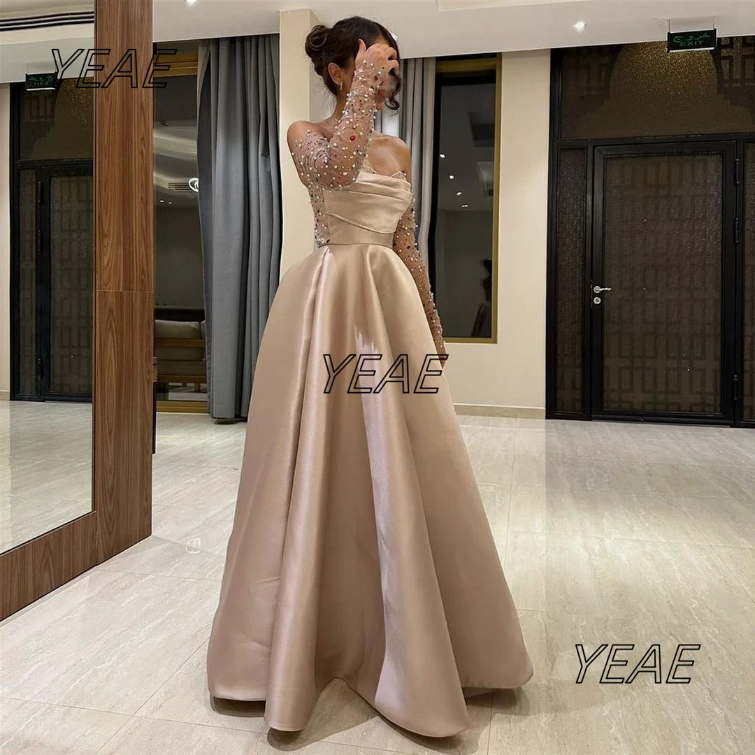 Santorini Modest Evening Dresses Sweetheart Colorful Crystals Long Sleeves Prom Dress Ruched Satin A Line Wedding Party Gowns