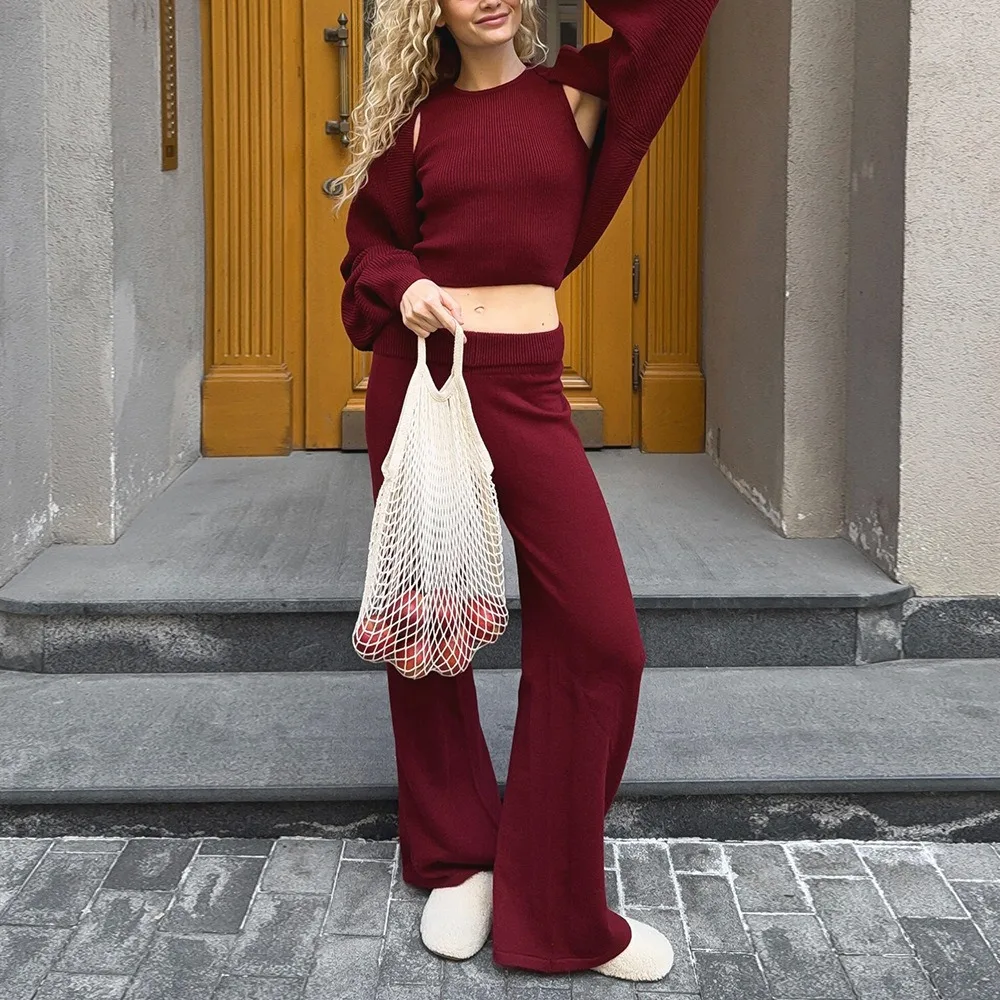 Fashion Three-piece Set 2026 Autumn and Winter New Knitted Top Neck Vest High Waist Wide Leg Pants Set Unique Texture Fashion