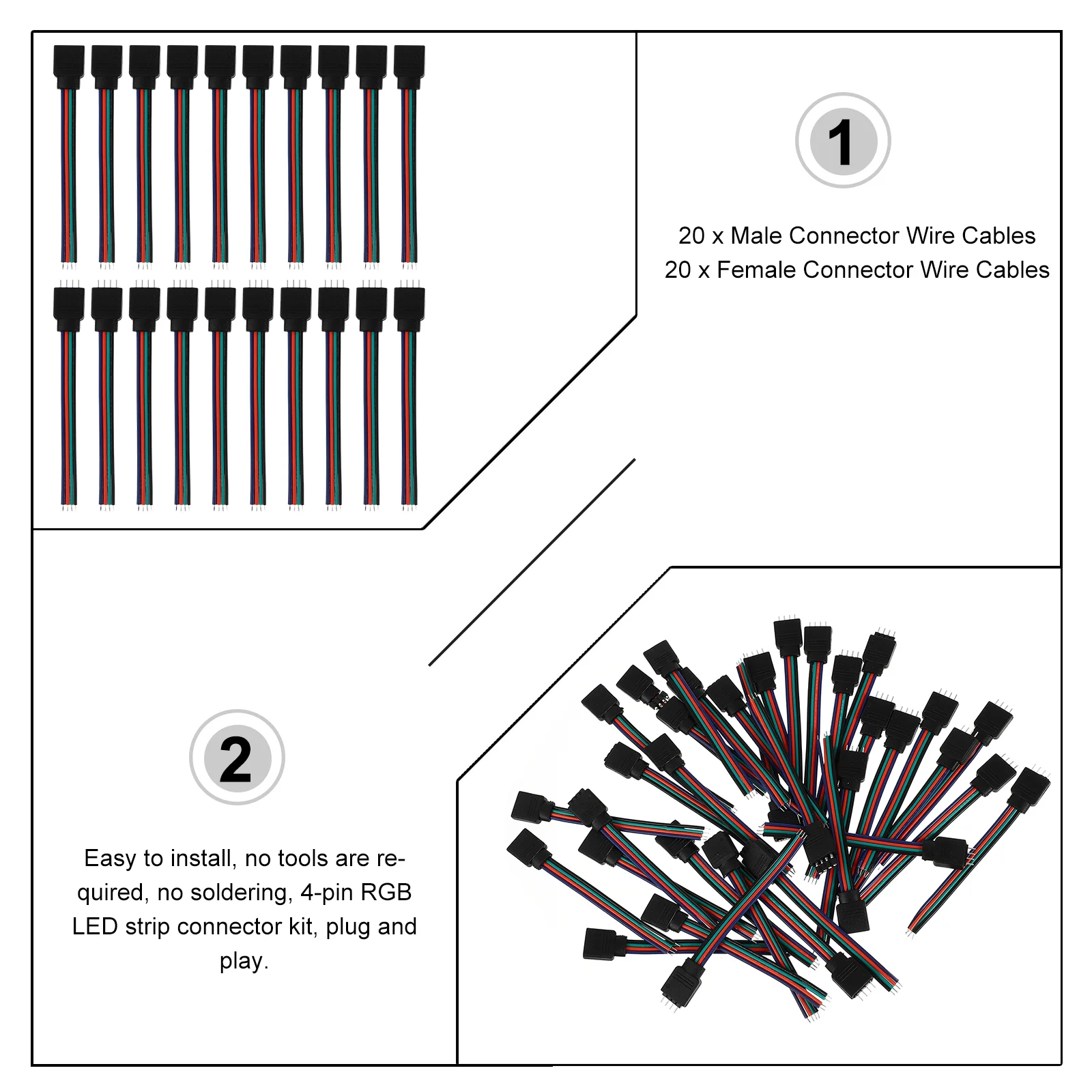40 Pcs RGB Connector Double LED Strip Light Connectors Adapter Abs Wire Cable for Lights