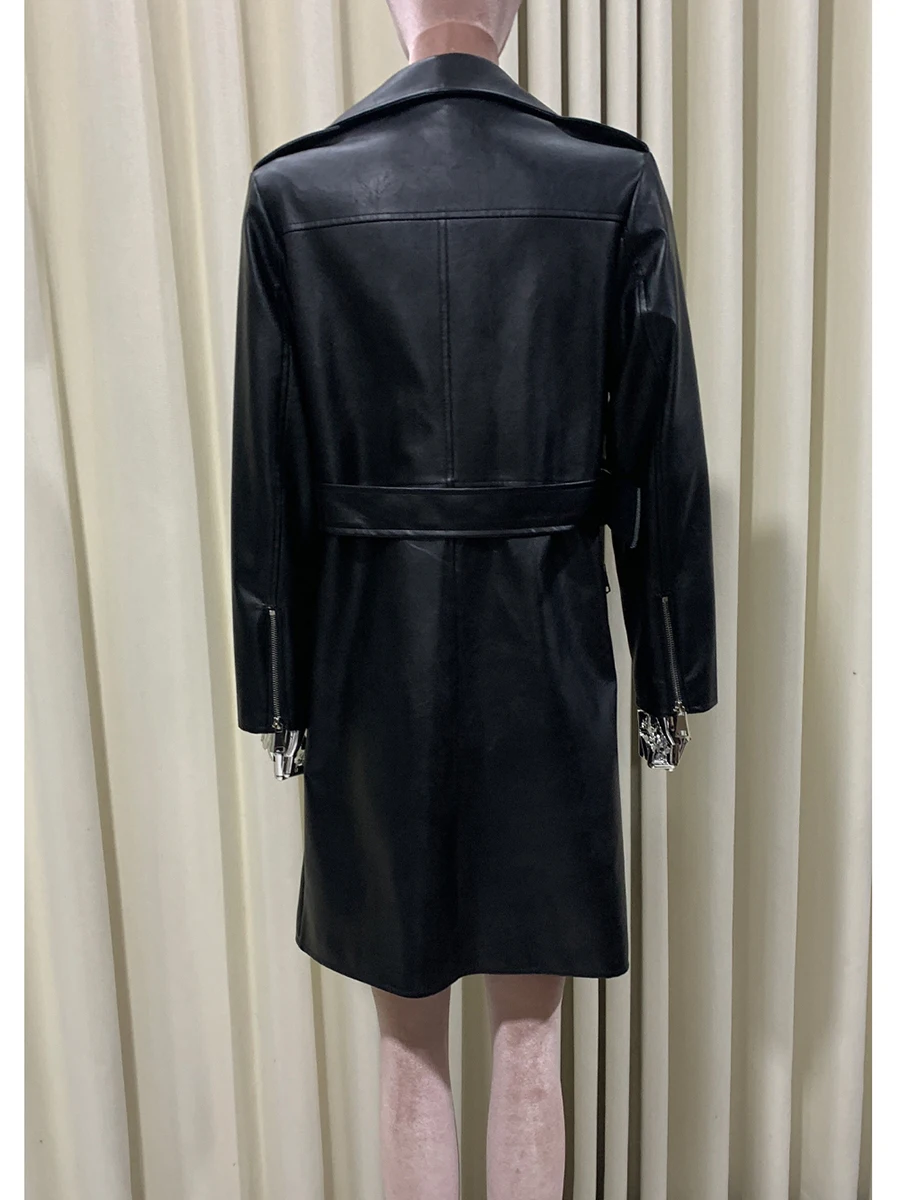 ربيع الخريف كول وسيم جاهزة طويلة سوداء لينة بولي Leather الجلود موتو السائق سترة المرأة حزام سستة الفاخرة مصمم الملابس 2025