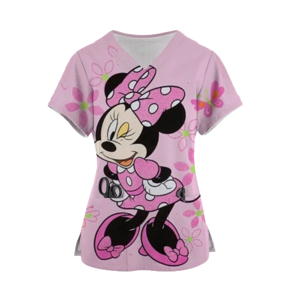 

Miniso Nurse Uniform Women Disney Minnie Print Short Sleeve Neck T-shirts Working Uniform Blouse Scrubs Workwear Nursing Working