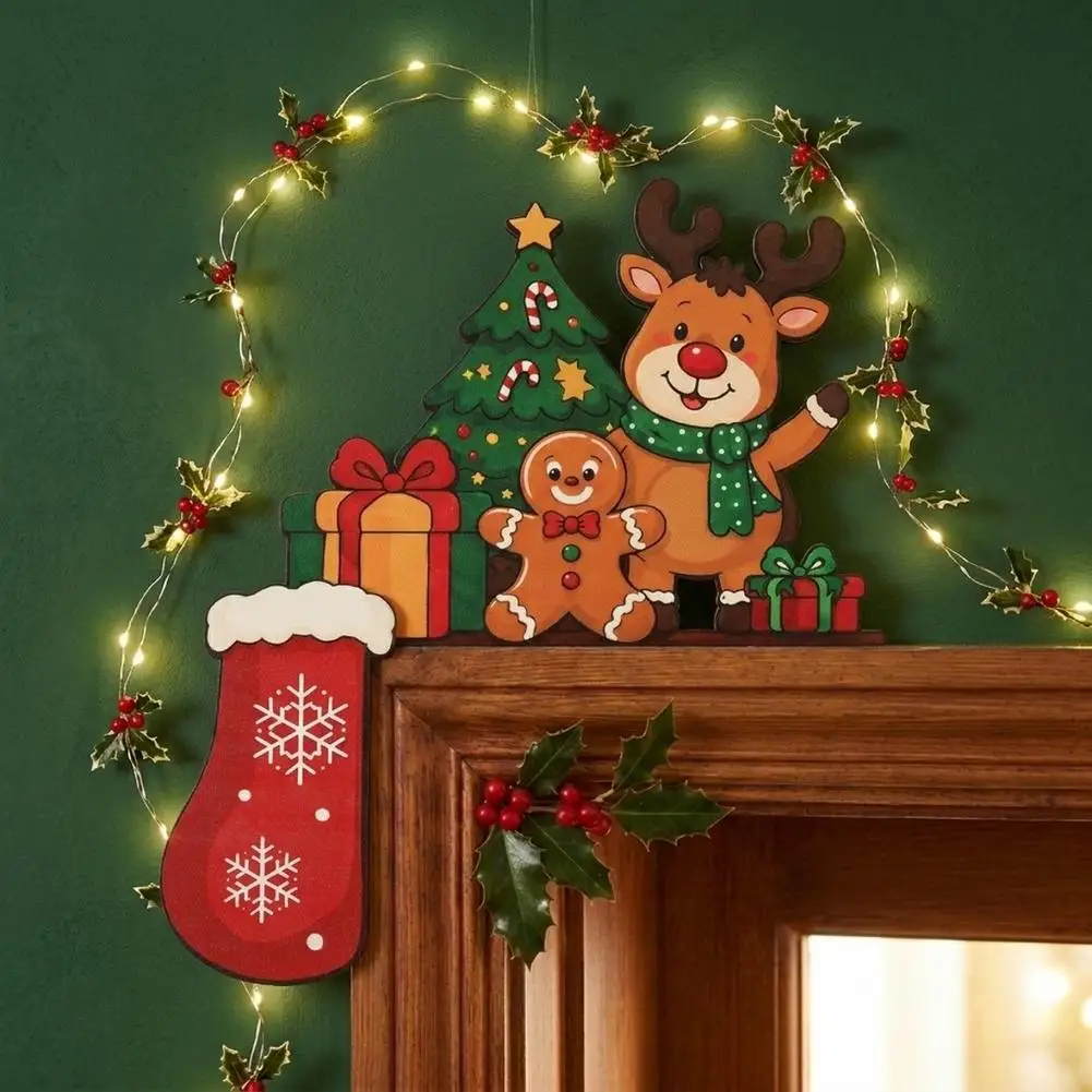 Christmas Corner Door Frame Hanging Ornament Reindeer Gingerbread Man Tree Gift Stocking Xmas Corner Sign Home Wall Decor