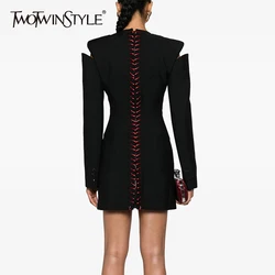 TWOTWINSTYLE Solid Hollow Out Mini Dresses For Women Round Neck Long Sleeve High Waist Slimming Chic Dress Female Fashion New