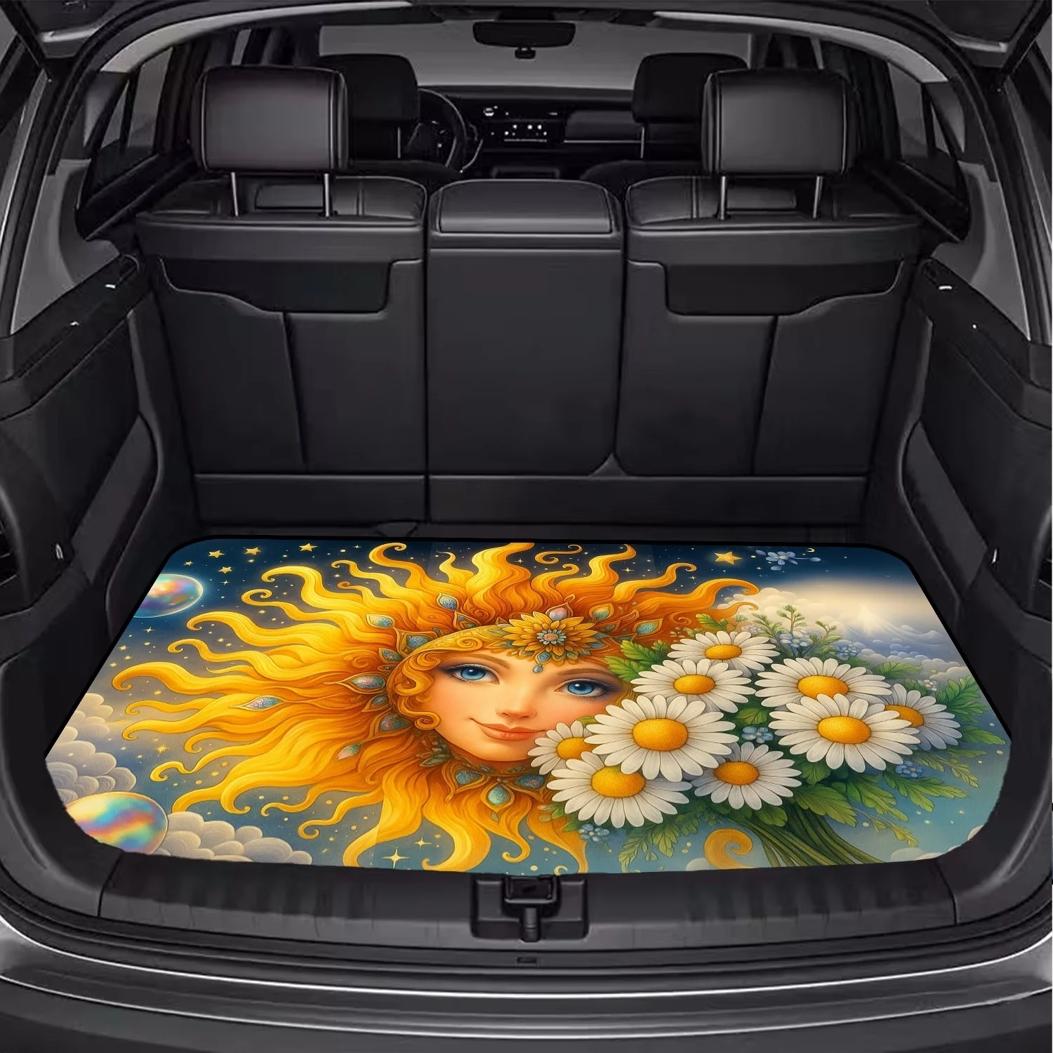 Car Trunk Mat, Fantasy Sun Goddess Daisy Starry Sky Print Cargo Liner, Non-Slip Rear Trunk Protector, Women Car decor, Car Accessories, Interior Decoration Mat, Universal Fit For SUV Sedan Truck, Whimsical