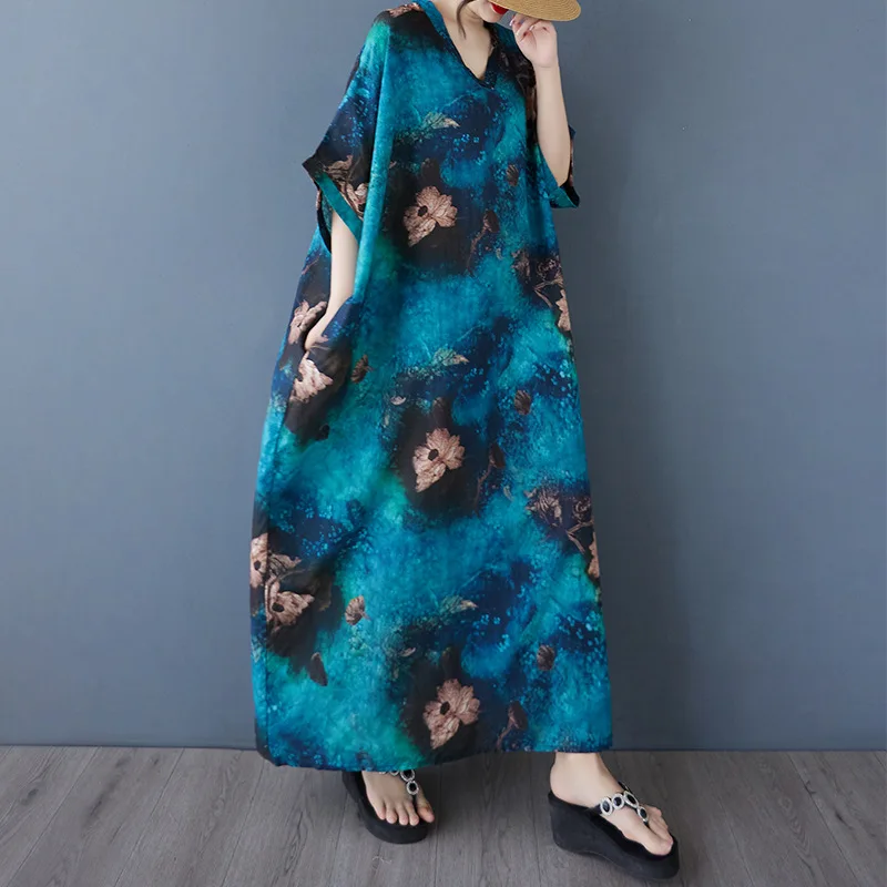 

Летние женские красочные стильные отпускные путешествия с v-образным вырезом в стиле ретро, длинная юбка с принтом и коротким рукавом, закрывающее тело, хлопковое свободное платье из конопли