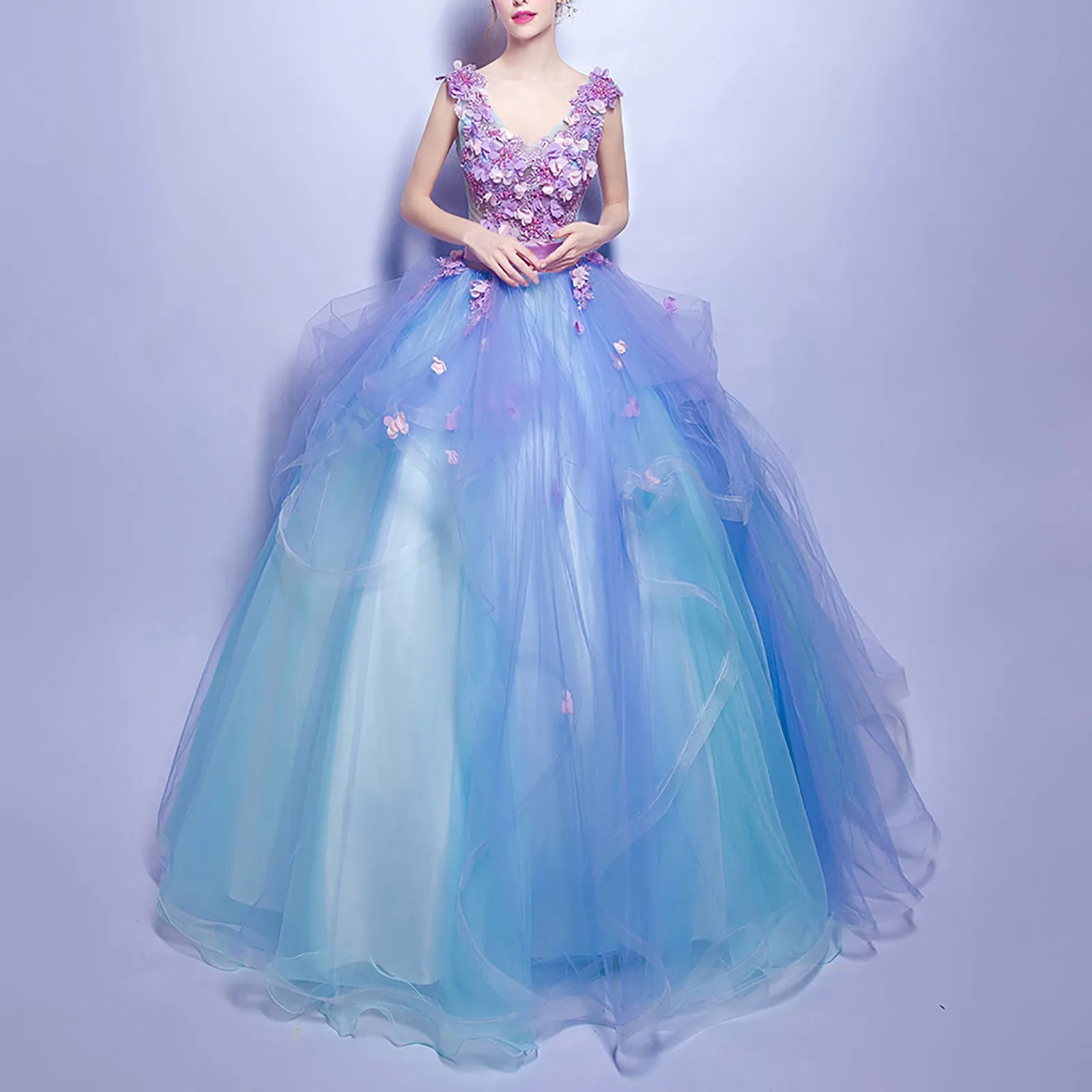 Quinceanera Dresses New Purple Floral Fairy Long Dress V-neck Backless Floor-length Blue Tulle Beaded Ball Customized 2025