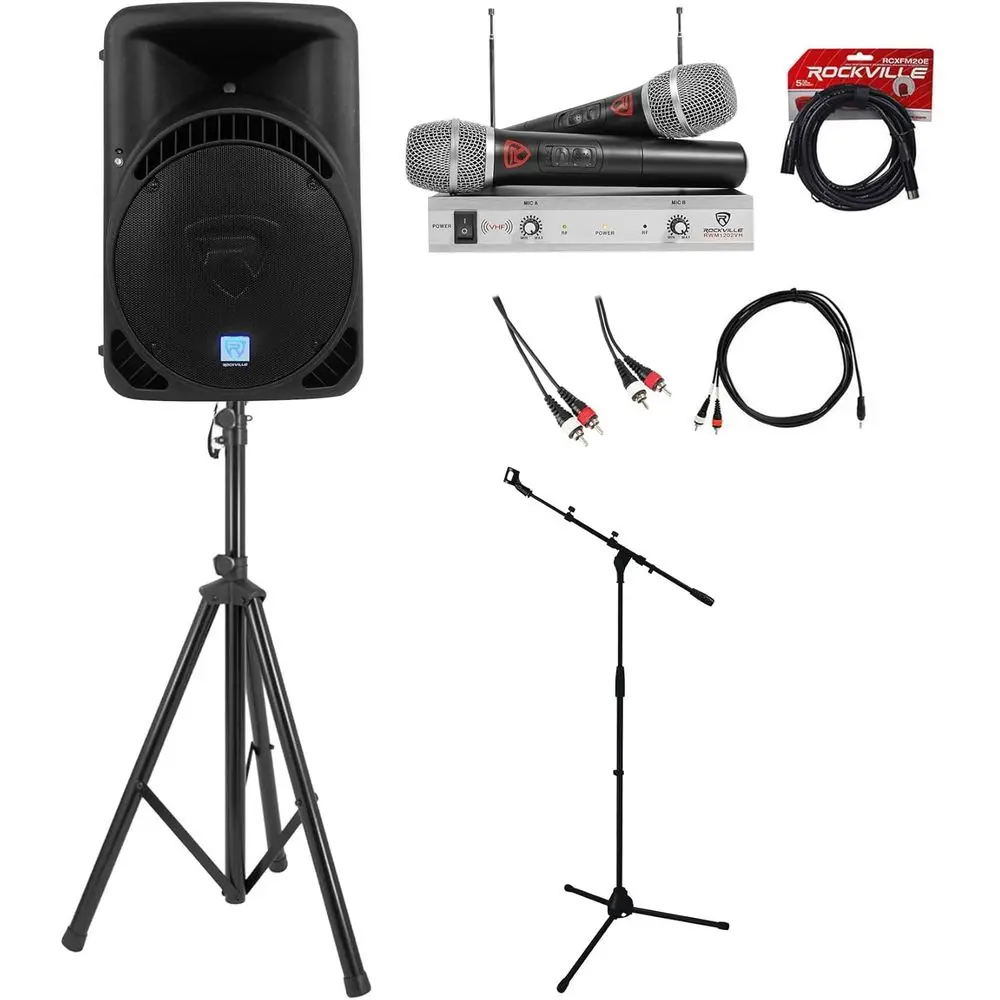 

15 1000W Bluetooth DJ PA Speaker Bundle with Remote, RCA/XLR, Tripod, Mic Stand, and Wireless Mic