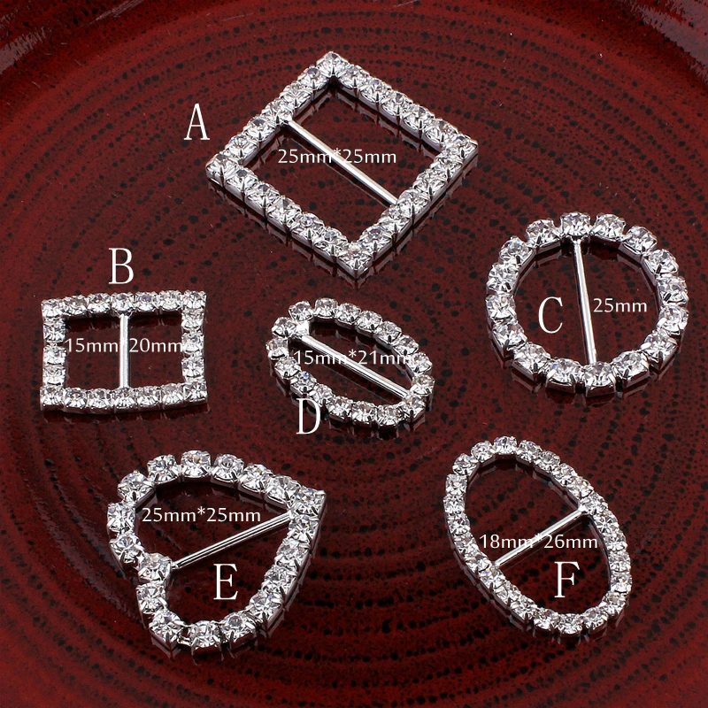 10pcs/lot 6Design Bling Metal Rhinestone Buckle Sliders For Clothes Clear Crystal Ribbon Buckles For Wedding Invitation Crafts