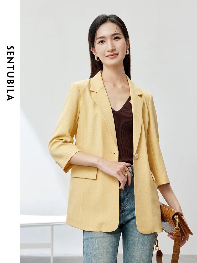 

SENTUBILA Yellow Notched Blazer Women 2024 Spring Autumn Fashion Commute Tailoring Coat Single Button Suit Jacket 141X54191X