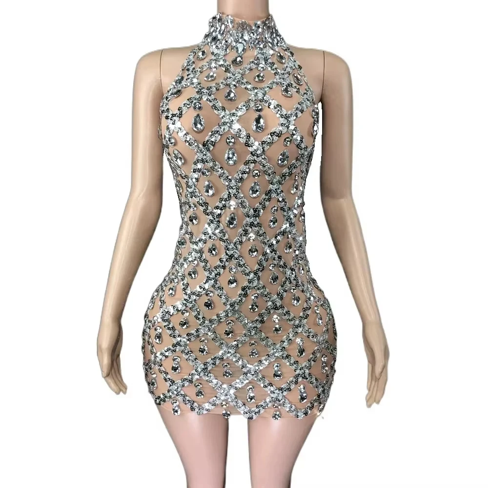 

Large Rhinestone Dress Party Sexy 2023 Halter Birthday Dresses Women Sexy Diamonds Mesh Sexy Dresses Women Night Club