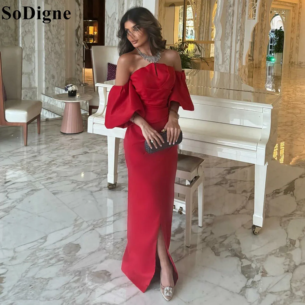 

SoDigne Elegant Strapless Mermaid Evening Dresses Detachable Puff Sleeves Side Slit 2024 Saudi Arabia Formal Occasion Prom Gown