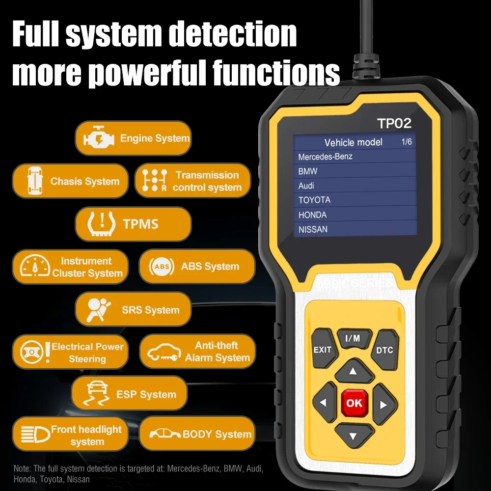 

TP02 Car OBD2 Scanner For Benz BMW For Audi Honda Toyota Nissan Full System Code Reading Clearing Scanning Diagnostic Tool