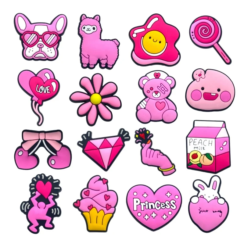 16pcs New Pink Shoe Charms Heart Diamonds Crowns Shoe Decorations Accessories Dog Cat Shells Ducks Clog Jeans for Women