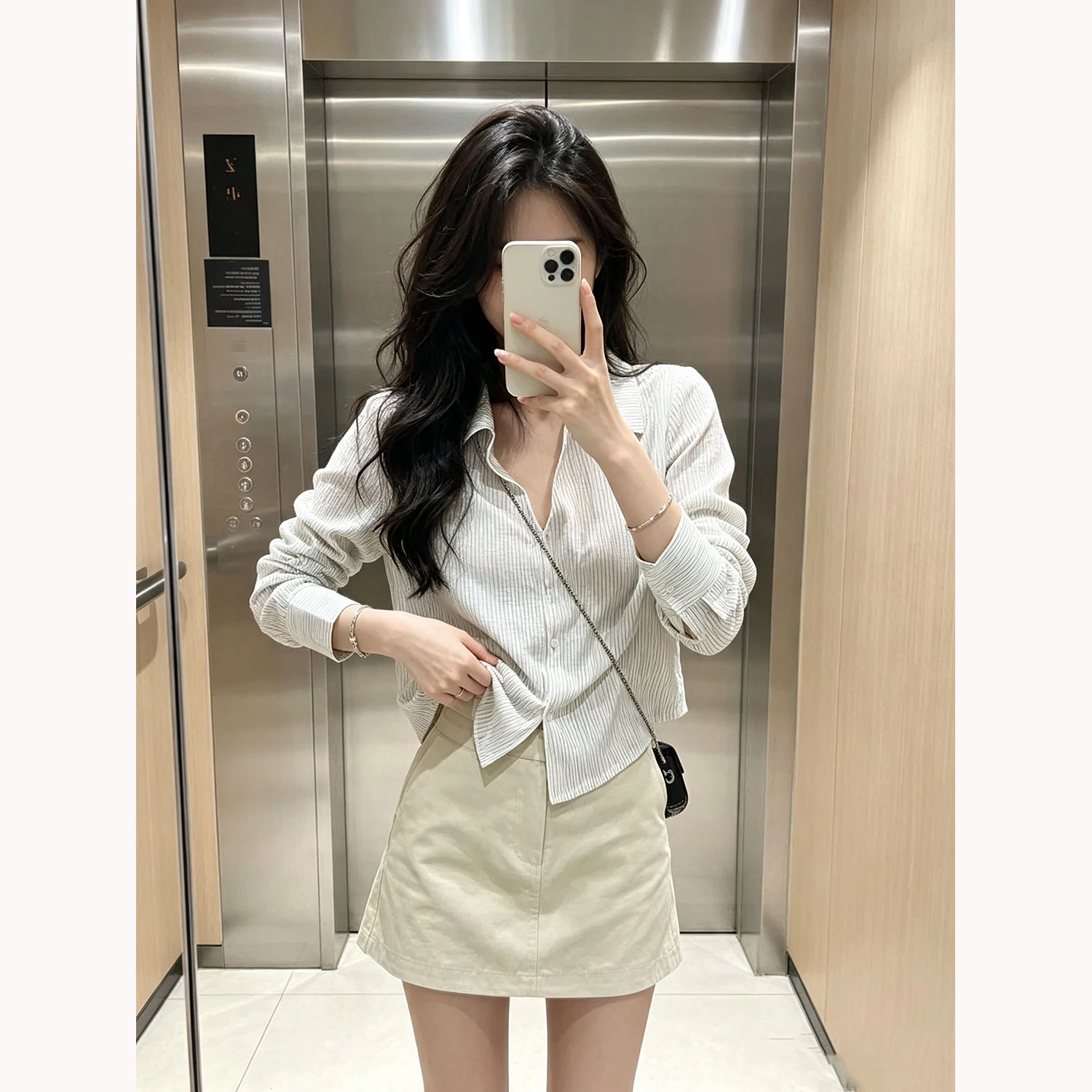 Chic Unique Loose V-Neck Shirt Striped White Slimming Versatile Korean Style Commute Wind Casual Women's Shirt Daily Wear
