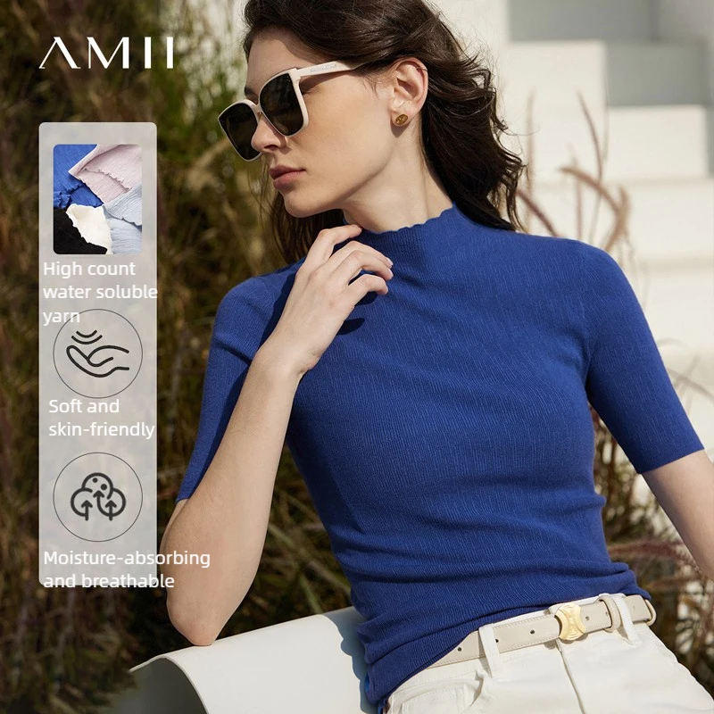 

AMII Women's Sweater 2025 Autumn Minimalist Slim Half-high Collar Sweaters For Women Solid Versatile Knitted Tops Ladies12321057