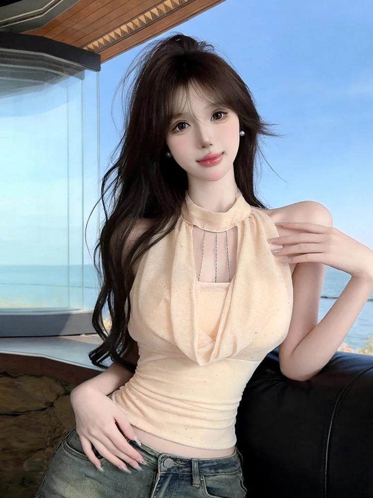Summer Pure Desire Sexy Girl Chain Link Neck Swinging Diamond Sleeveless Hanging Neck Vest Women's Fashion Slim Fit Backless Top