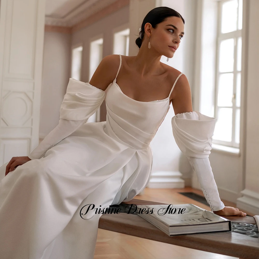 Robe de mariée trapèze en Jersey blanc Simple, avec fente latérale, bretelles Spaghetti personnalisées, manches détachables