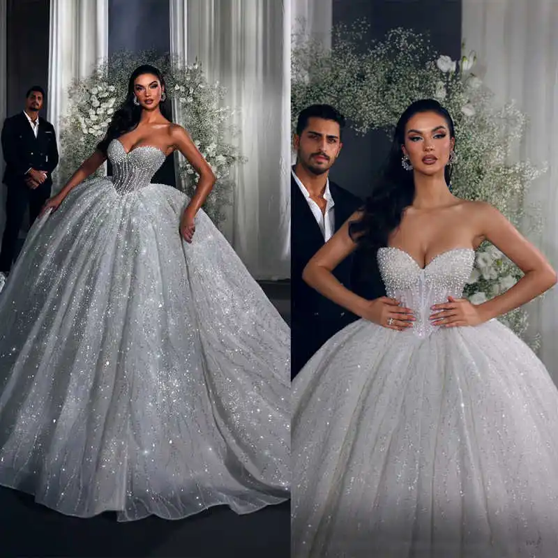 Vestido de novia lujoso sin tirantes con perlas, vestido de baile elegante con cuentas y lentejuelas, vestido de novia personalizado con tren de barrido, vestidos de novia