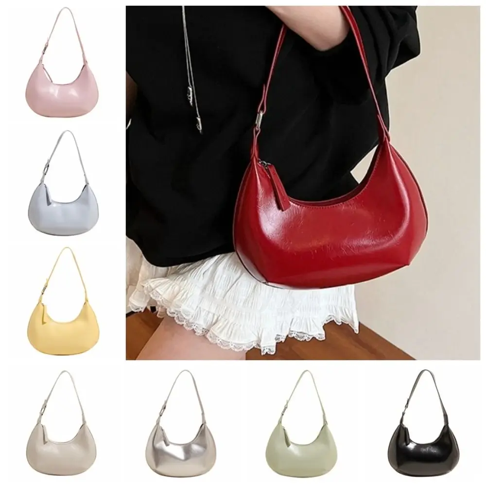 

Solid Color Pu Leather Shoulder Bag Large Capacity Handbag Moon Underarm Bag Candy Color Korean Style Women's Hobo Bag Travel