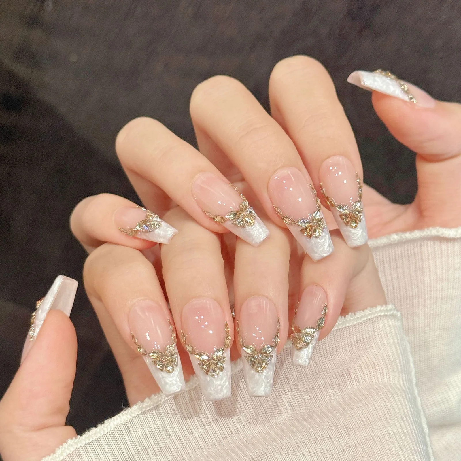 10pcs Handmade Press On Nails Pink Gold Butterfly Artificial Nail Tips With Rhinestones Design Elegant Aurora French Fake Nails