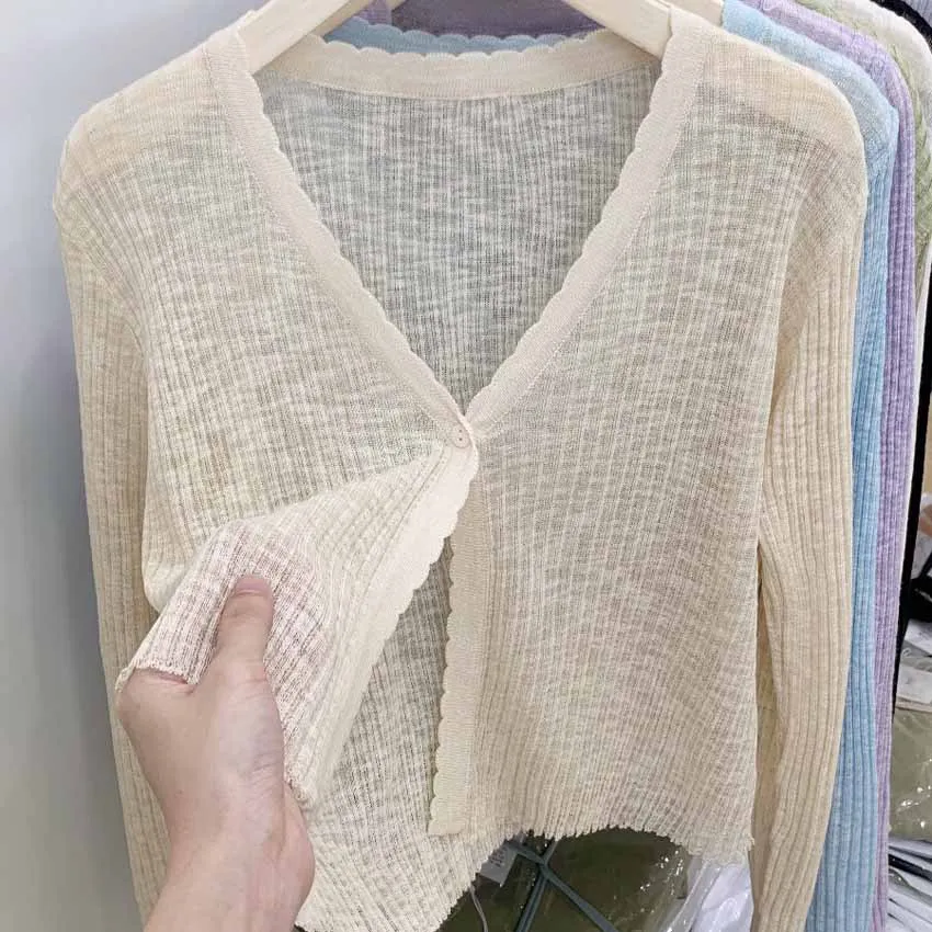 

Women's Clothing Knitted cardigan thin ice silk loose outer layer jacket summer short top long sleeved Cardigan Jumpers Sweaters
