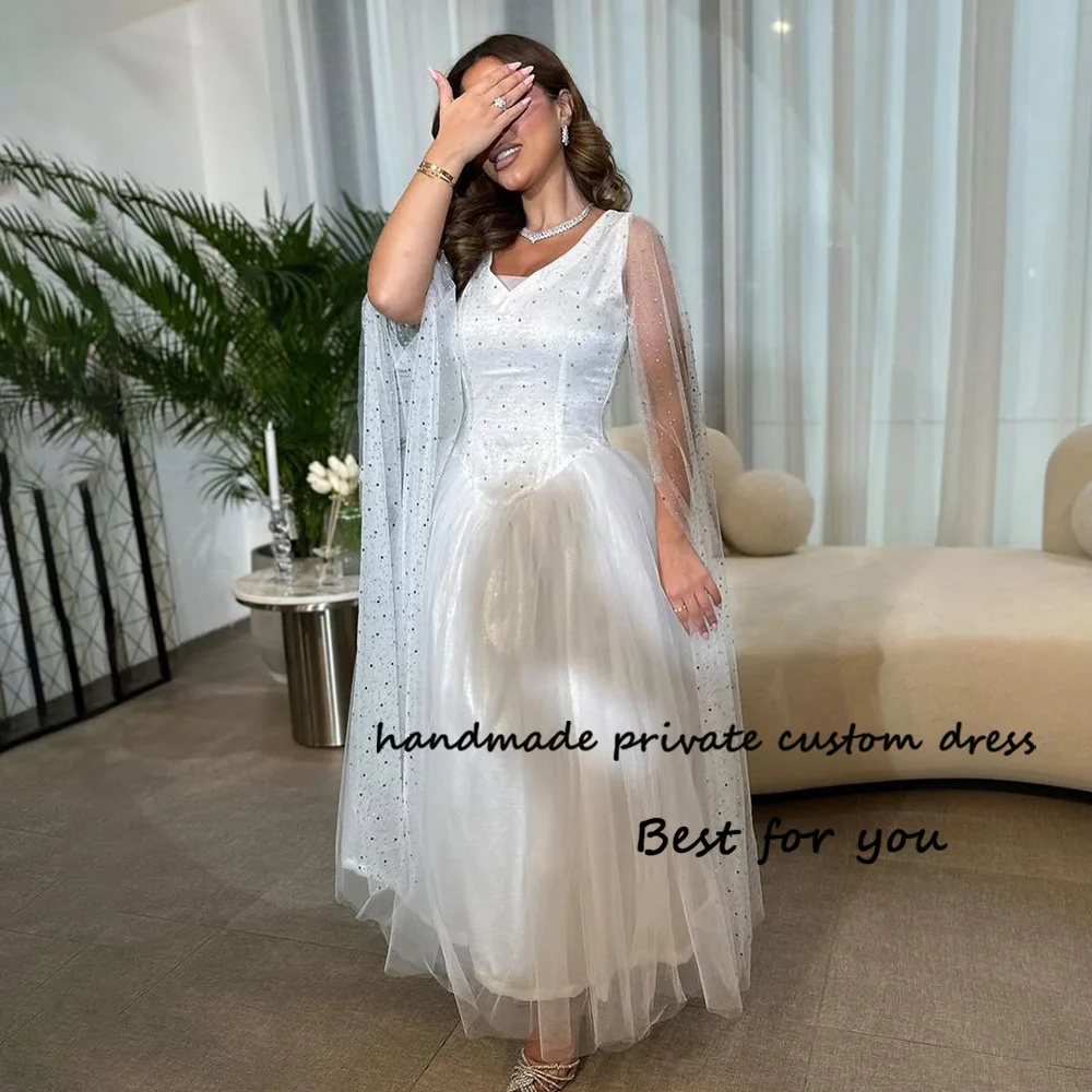 

White Saudi Arabic Evening Formal Dresses Sequins Tulle with Cape Dubai Celebrate Event Dress Elegant Maxi Women Evening Gowns