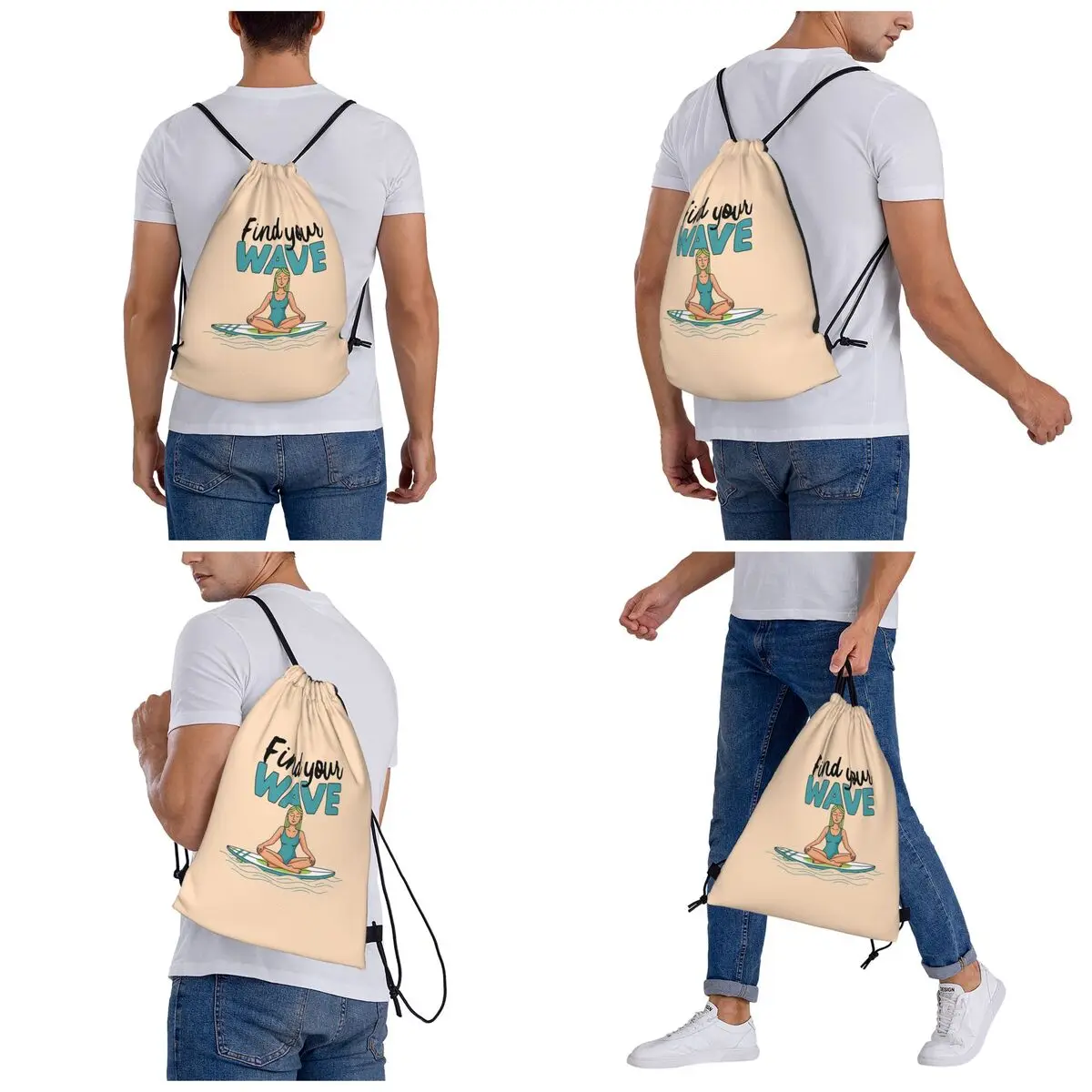 Meditating Surfer Girl Sitting On Surfboard Backpacks Multi-function Drawstring Bags Sports Bag Book Bags for Man Woman Students