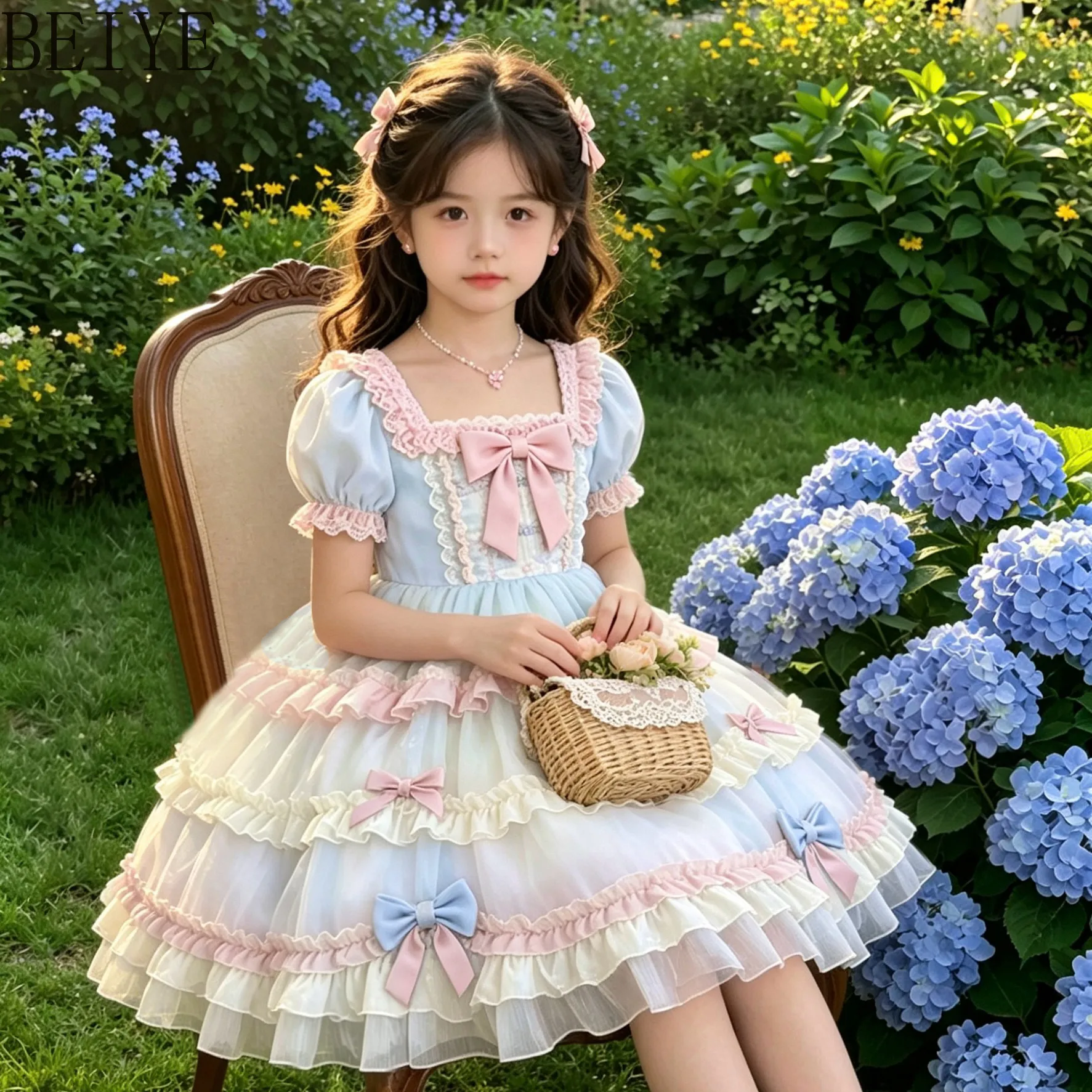 

Summer Girls' Short-sleeve Sweet Square Collar Lolita Dress Puff Sleeved Bow Cake Mid-length Princess Style Girls Casual Dresses