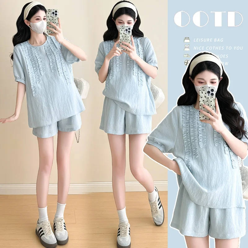 

2025 Summer Maternity Set Round Neck Ruffled Short Sleeve Linen Top with Wide Leg Shorts Comfortable Pregnancy Outfit