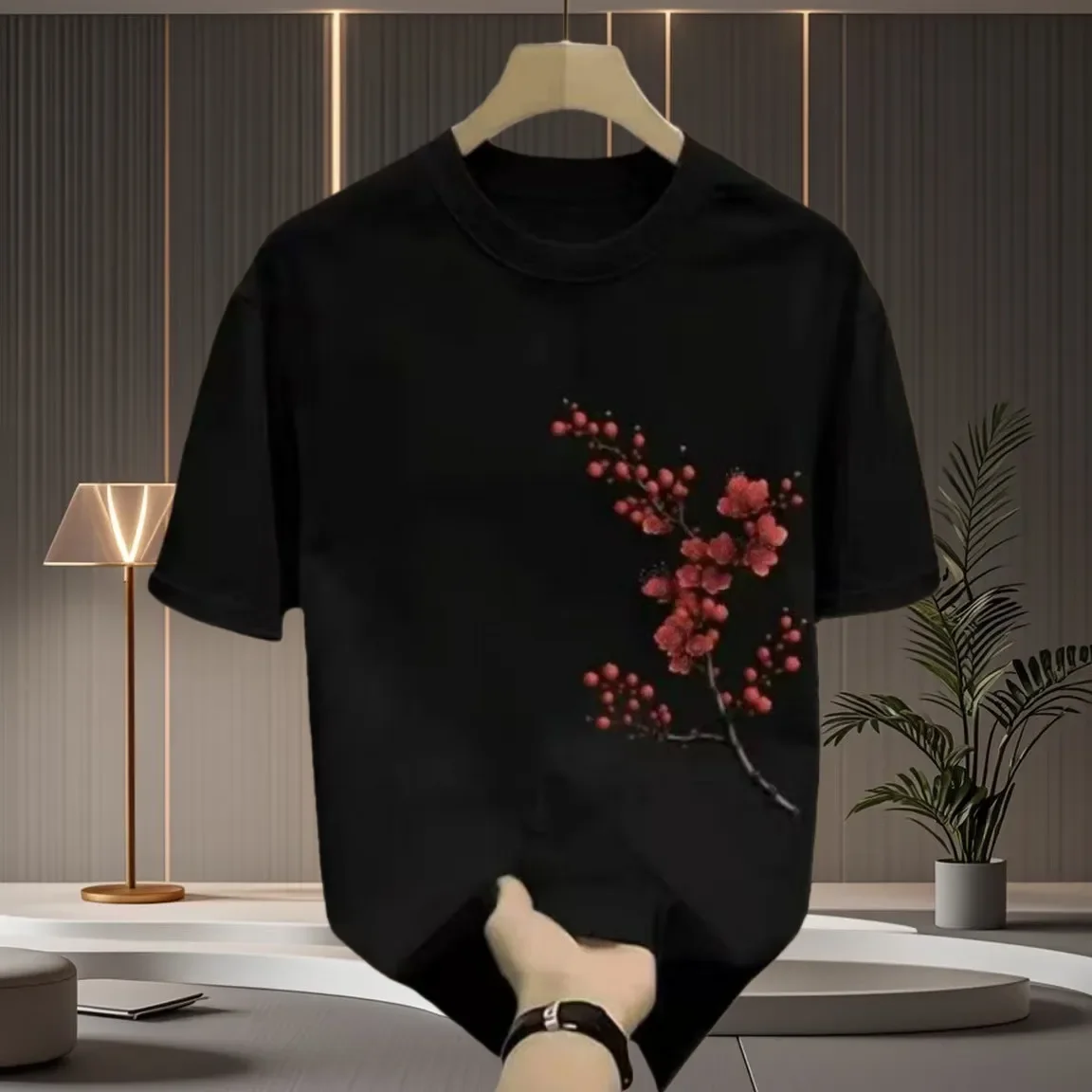 Men's White Round Neck Short Sleeve T Shirt with Plum Blossom Print Chinese Style Casual Tee
