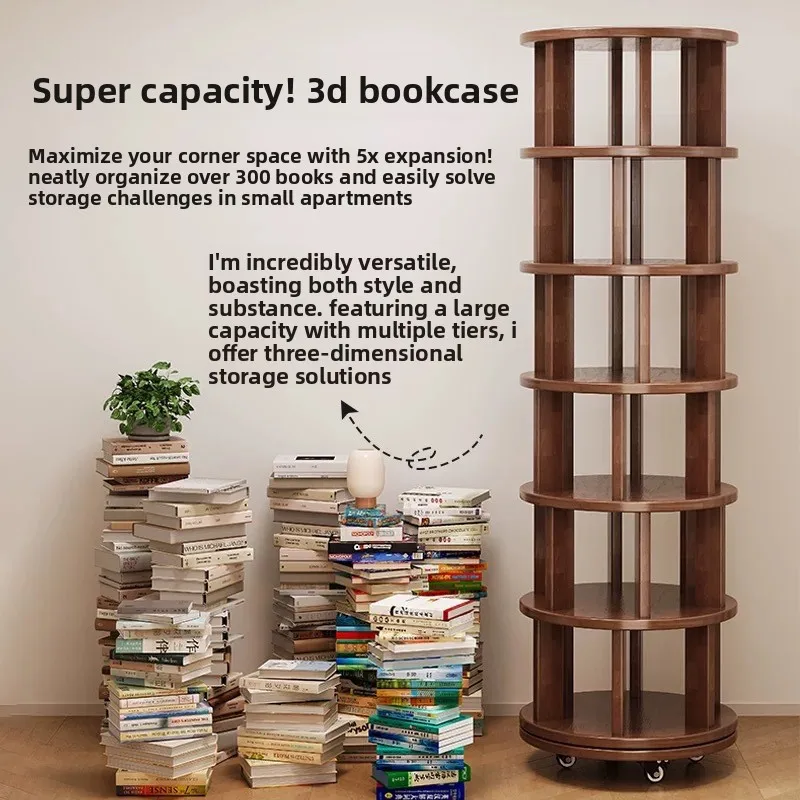 Household solid wood corner bookshelf, solid wood rotating bookshelf, 360 degree floor to ceiling mobile shelf, narrow cabinet