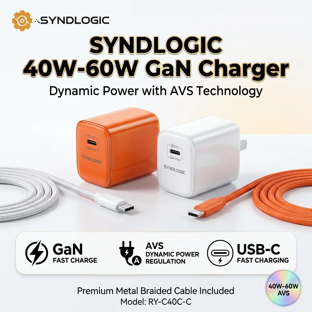 40-60W Dynamic AVS GaN Wall Charger PD3.2 USB-C Fast Charging Adapter Kit With Braided Type-C Cable For iPhone Samsung Macbook
