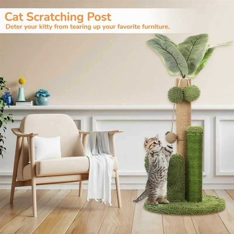 Cat Scratching Post Cat Tree With Dangling Toy Cactus Scratcher Cat Scratching Post Artificial Leaves Plush Sisal Scratch Pole