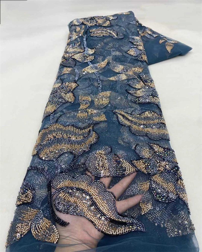 

Luxury Nigerian Beaded Lace Fabric with High-Quality Sequins for African Party Dresses Special Occasion Sewing Material