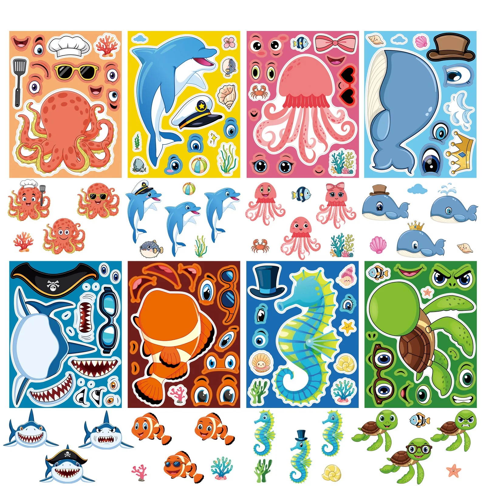 8/16/24PCS Cartoon DIY Marine Animal Puzzle Stickers Faec Stickers Notebook DIY Account Decoration Waterproof Stickers