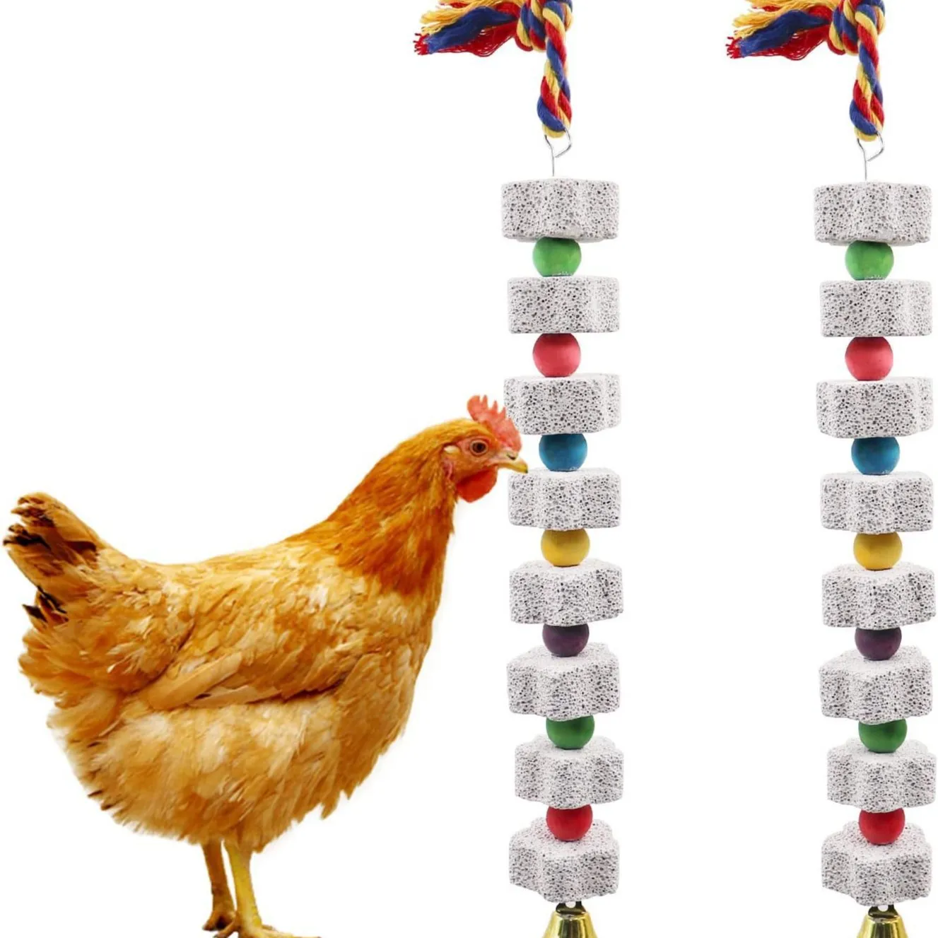 

2 Pack Large Chicken Chewing Toy Chick Beak Grinding Calcium Stone with Bells Chicken Cage Accessories for Cockatiel Parakeet