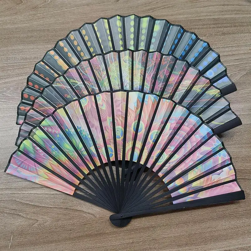 23cm Classics Folding Fan Hand Fans Rainbow Print Black Bamboo Bone Fan Cooling Handheld Fan Festival Performance Dance Fan Gift