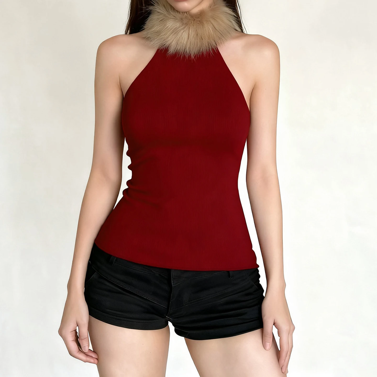 Vintage Patchwork Pelz Trim Kragen Tank Tops Weihnachten Aushöhlen Ärmellose Tanks Frauen 2025, Sommer Mode Streetwear Party