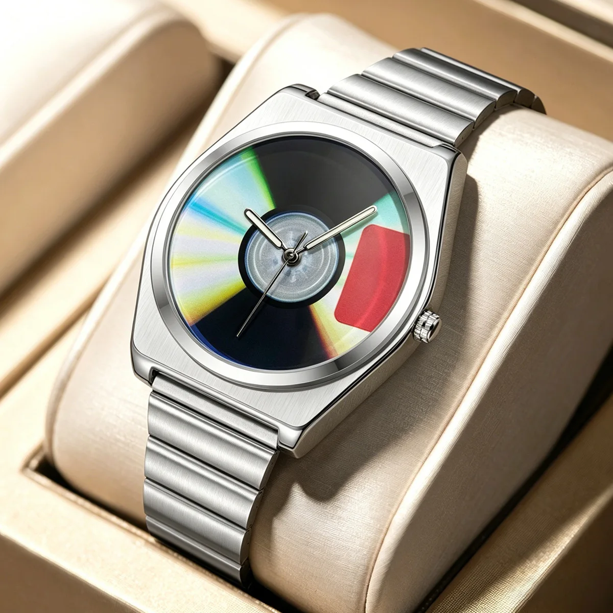 New Fashion Unisex Watch Creative Colorful CD Pattern Dial Waterproof Quartz Wristwatch Retro Casual Men Women Dress Watch Gift