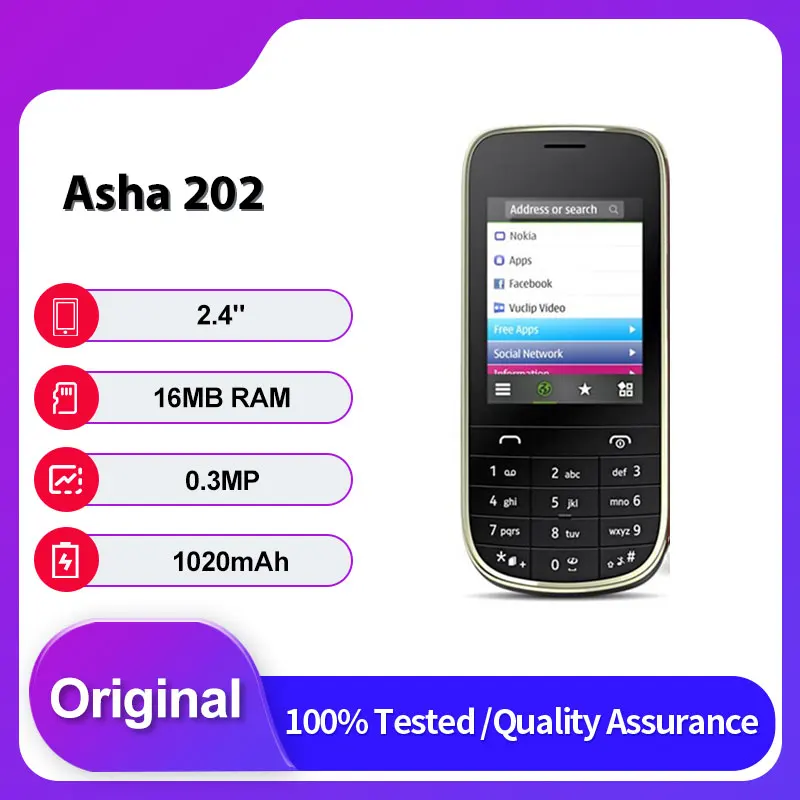 Teléfono Móvil Asha 202 Original Desbloqueado, Doble SIM, GSM 900/1800, Bluetooth, Teclado en Ruso, Árabe y Hebreo, Fabricado en Finlandia