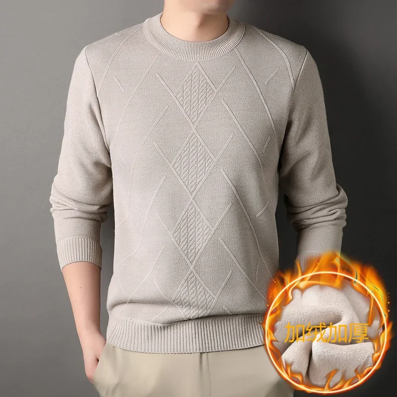 Autumn Winter Daily Wear Men Warm Sweater Diamond Woven Knitting Thick Plush Inner Elastic Rib Cuff Pullover