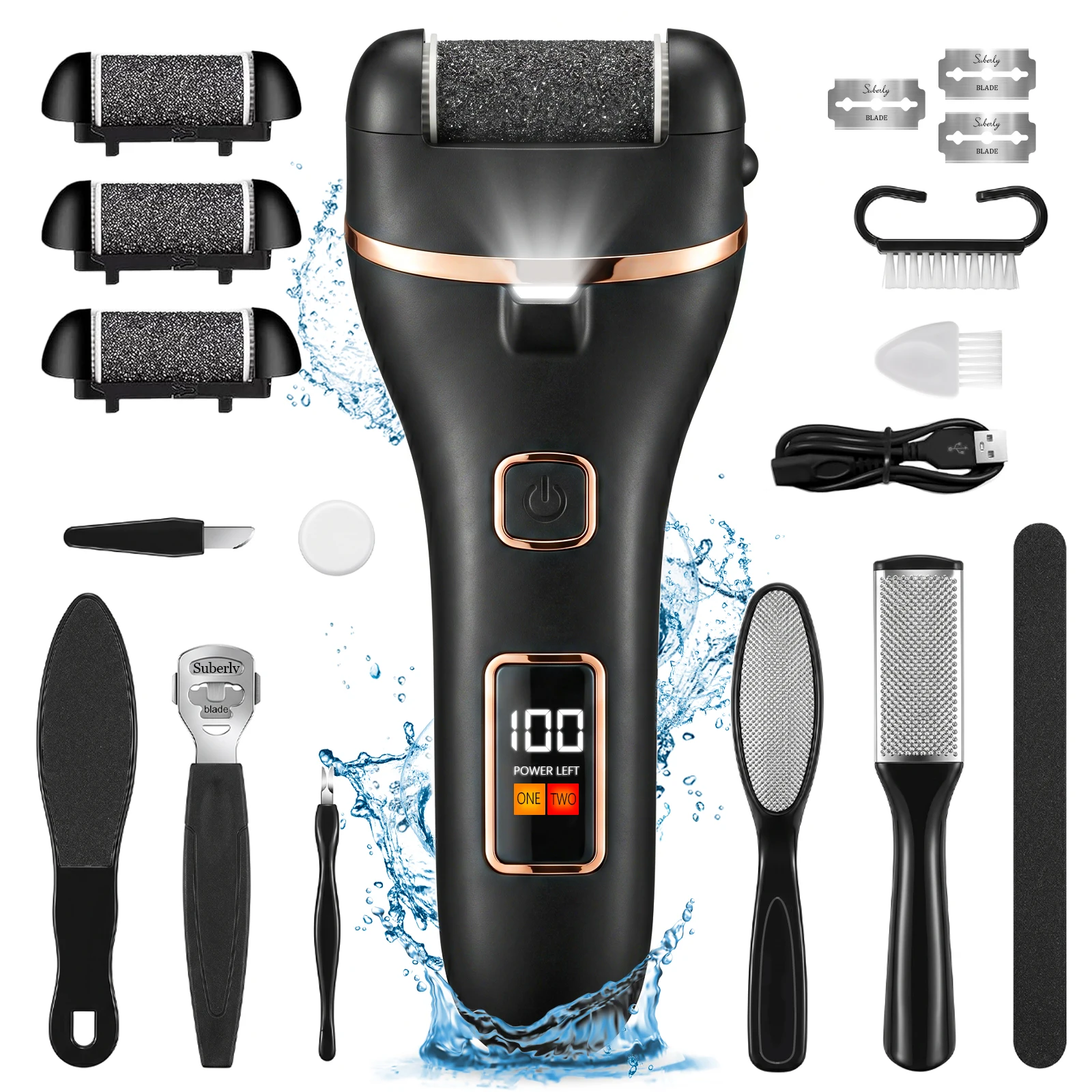 Portable Electric Foot Grinder with 3 Rollers,  2 Adjustable Speeds,LED Digital Display,  USB Charging,Water Proof