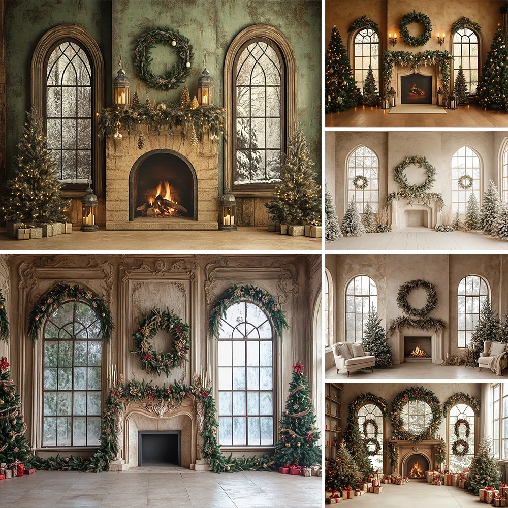 

Christmas Fireplace Family Photo Background Photography Xmas Tree Wreath Decor Window Backdrop Indoor Room Baby Show Photozone