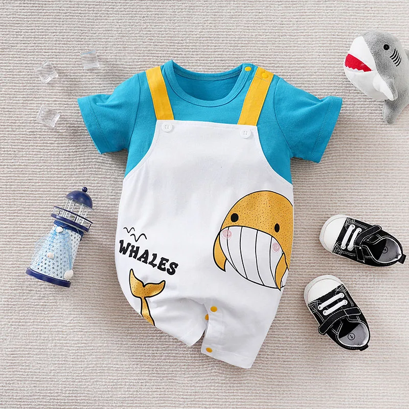 Baby Boy Summer Jumpsuit Cartoon Whale Costume Baby Pure Cotton Short Sleeved Comfortable Round Neck Crawling Suit