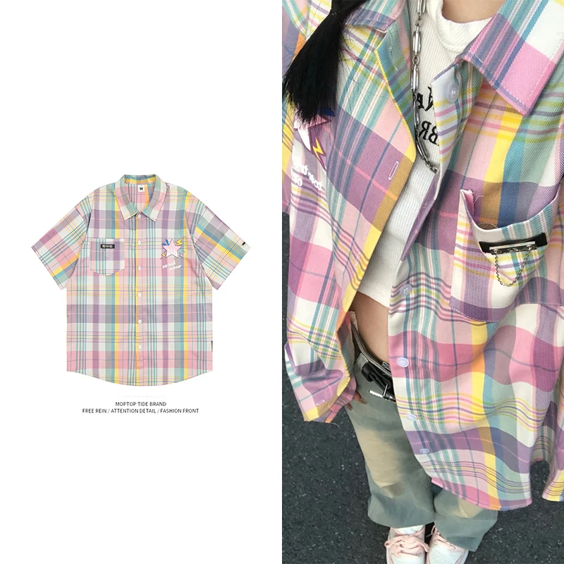 

Loose ex f Sve Plaid irt Rainbow Color American Sle Durable Polyester Fiber Youthful Trendy Couple's Top