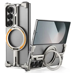 Oatsbasf for Samsung Galaxy Z Fold 6 5 Metal Phone Case with Magsafe Ring Stand Frameless Minimalist Magnetic Protective Cover