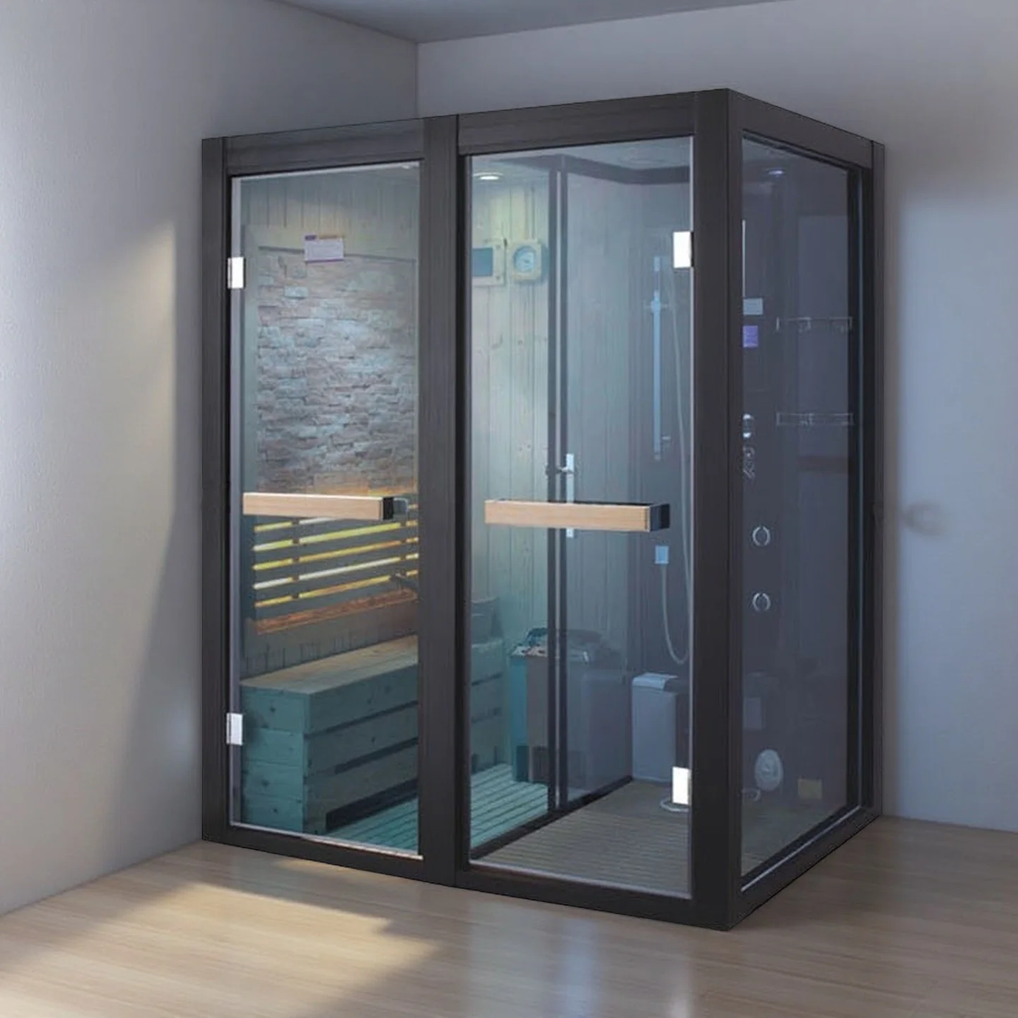 Outdoor Red Cedar/Hemlock/Spruce Solid Wood Steam Sauna Shower Room with Computer Control Panel