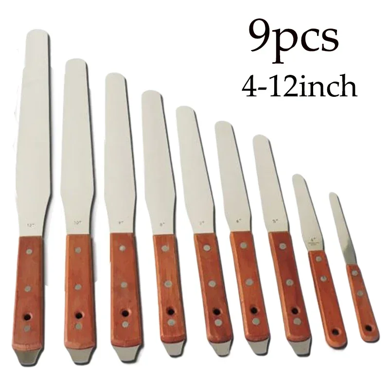 

9pcs Stainless Steel Ink Adjusting Knife WIth Wood Handle Solder Paste Mixing Knife Screen Printing Scraper Tool Parts